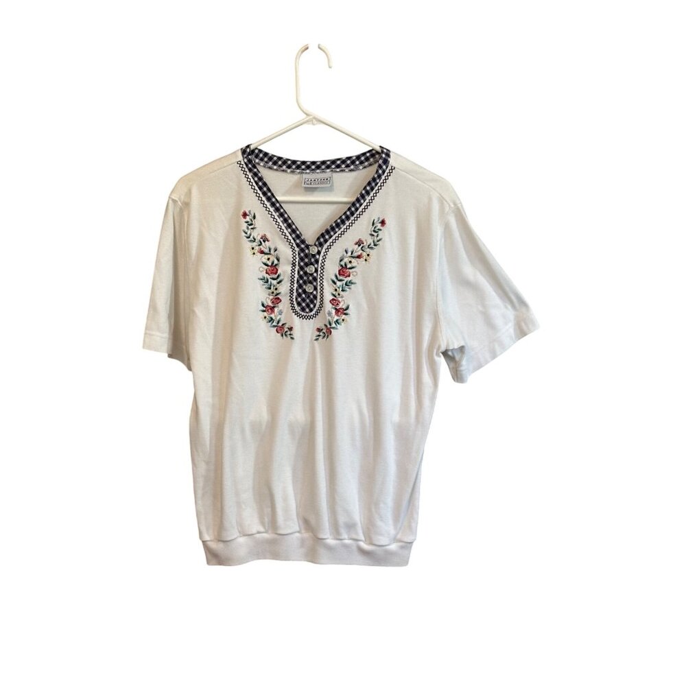 Vintage Jantzen Classics Embroidered Top Floral Checkered Print CottageCore Sz L